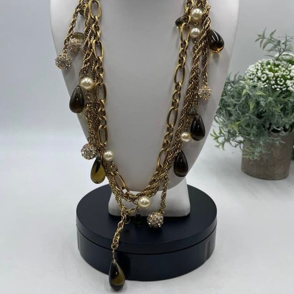 J. Crew Gold Tone Triple Strand Topaz Teardrop Glass White Faux Pearl Necklace